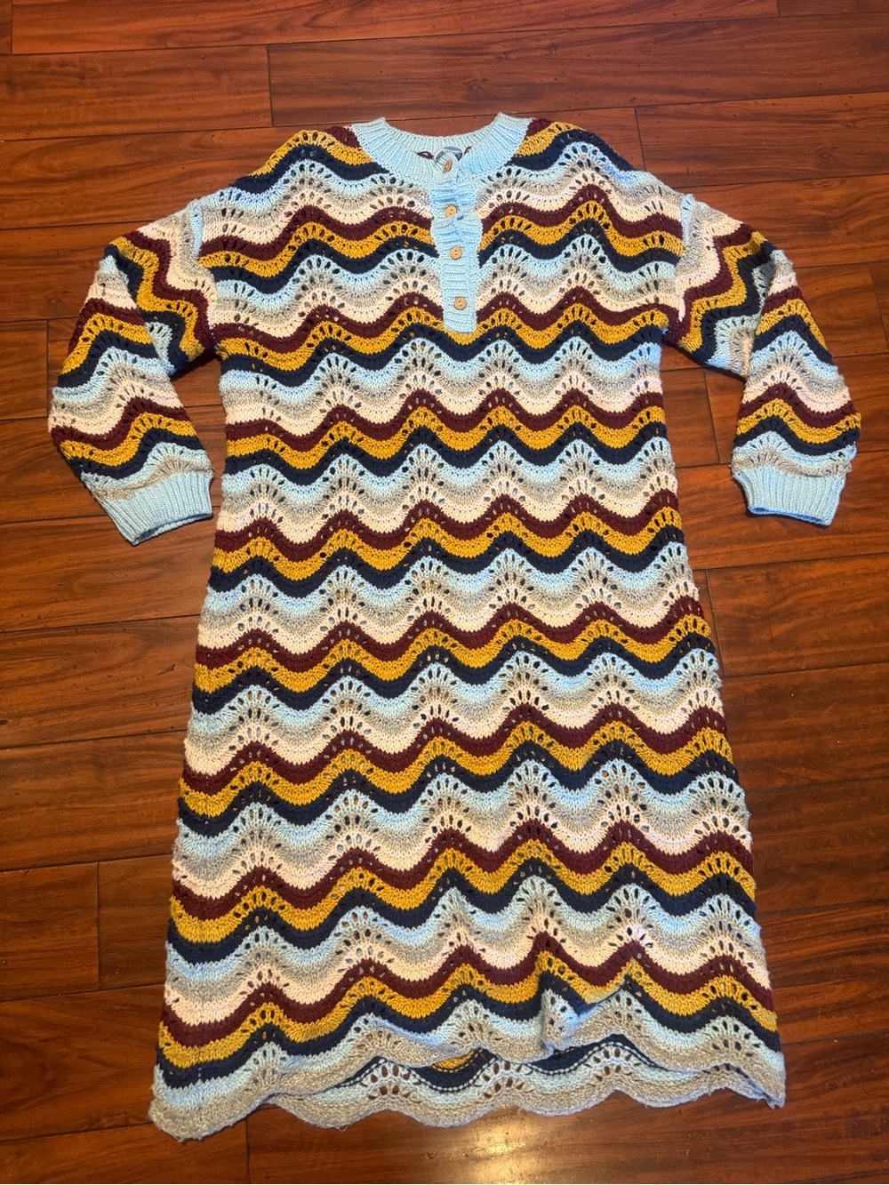 Callahan Multicolor Chevron Knit Sweater Dress in Light Blue, Burgundy, Mustard - Picture 8 of 8